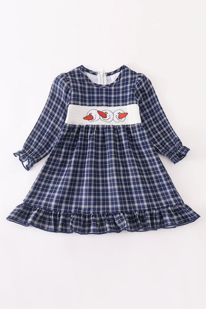Girls Navy Plaid Snowman Dress