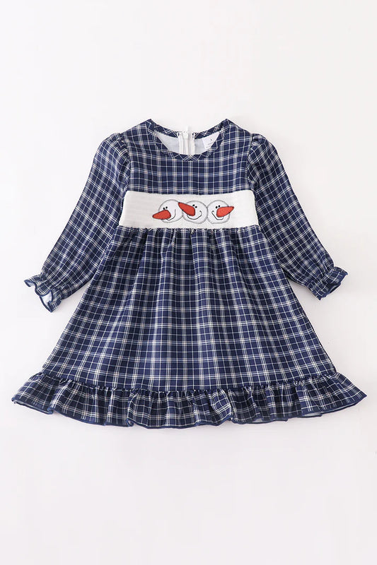 Girls Navy Plaid Snowman Dress