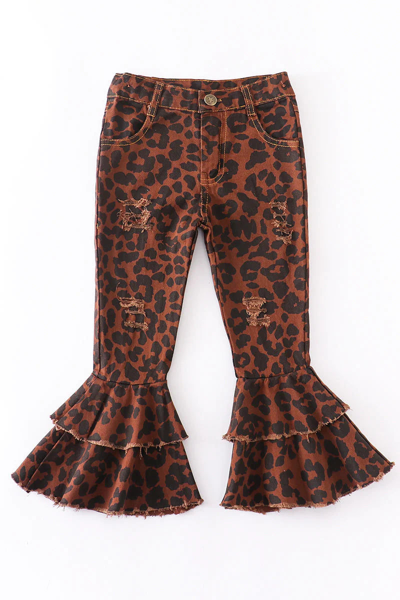 Girls-Leopard Layered Denim Jeans