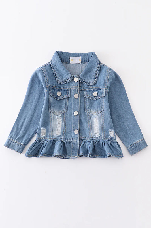 Girls-Light Blue Distressed Ruffle Denim Jacket