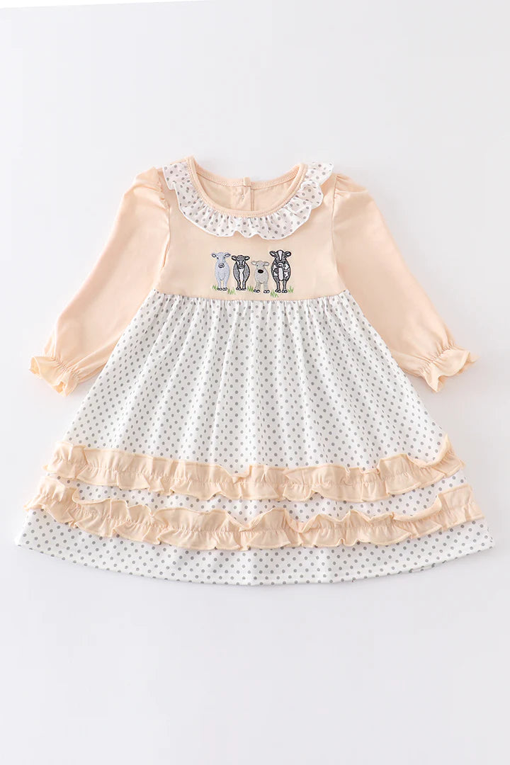 Girls Beige Cow Ruffle Dress