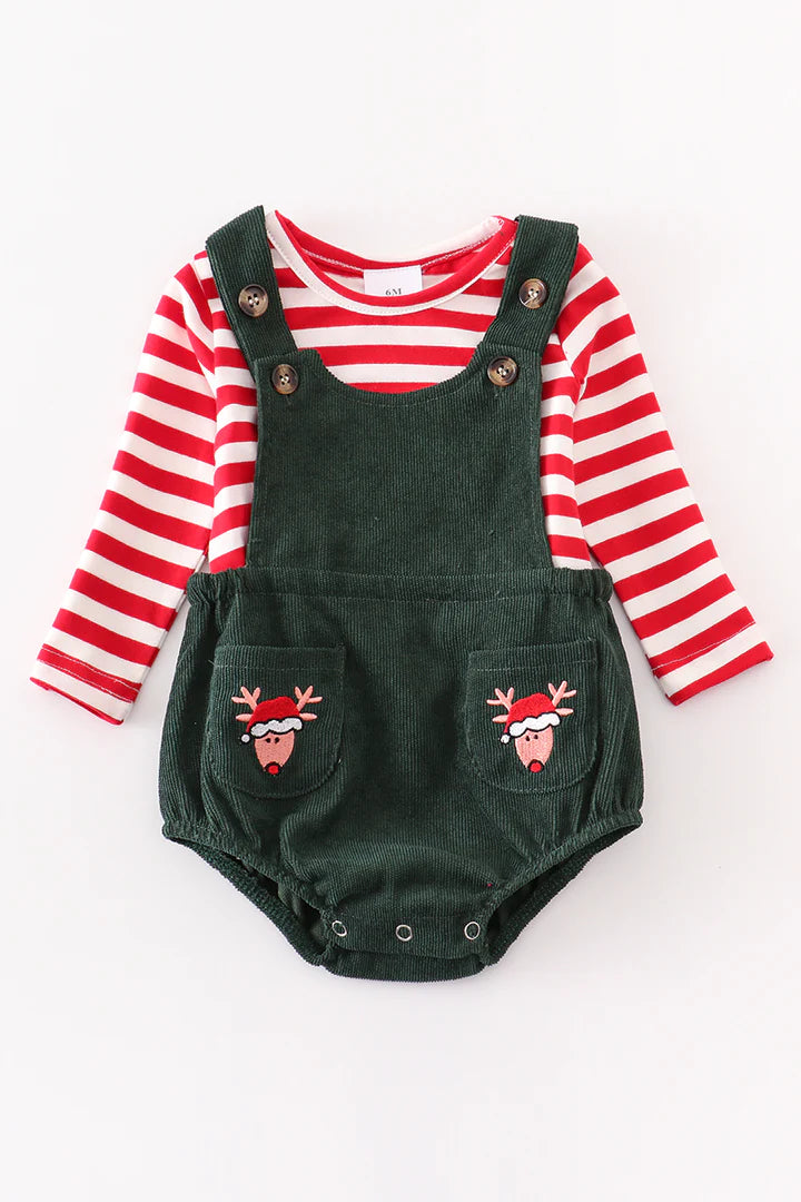 Red Stripe Deer Pocket Romper