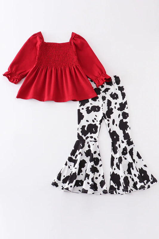 Girls-Red Cow Print Ruffle Set