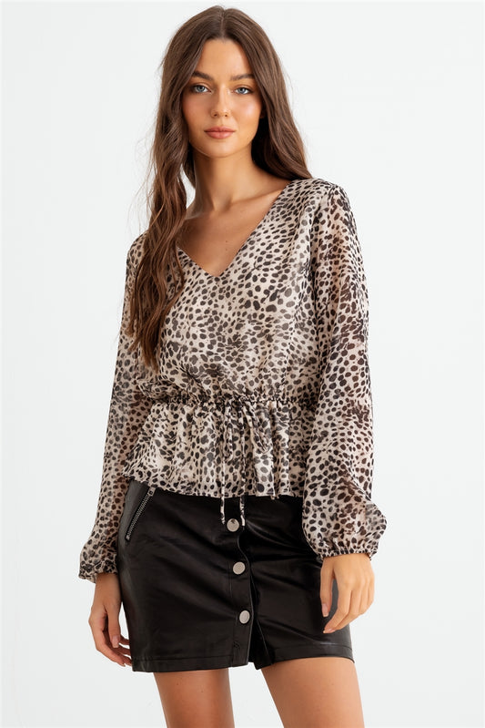 Taupe & Black Leopard Flare Hem Top