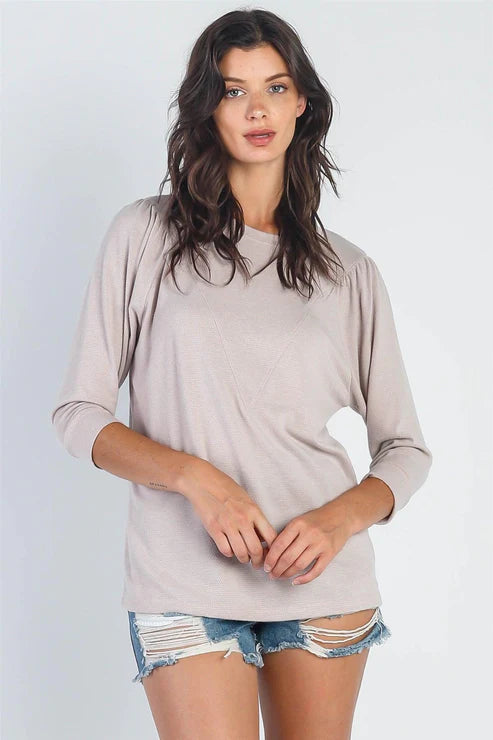 Women's - Taupe Textured Crew Neck Midi Sleeve Sweater