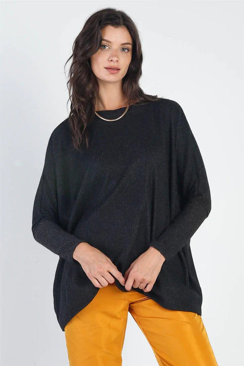 Women's - Charcoal Flannel Ribbed Dolman Sleeve Sweater