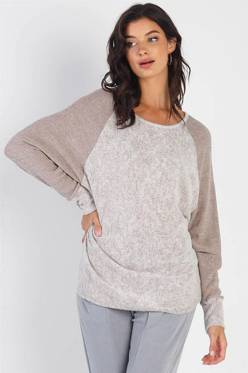 Women's - Taupe Round Neck Long Cuff Sleeve Top