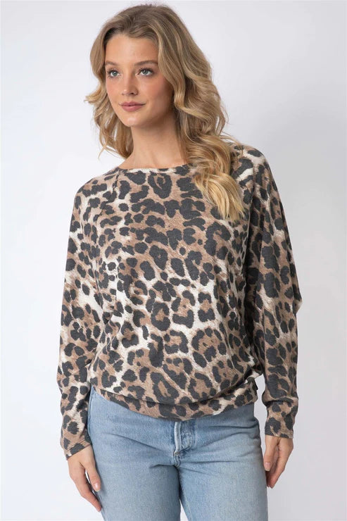 Women's - Taupe Leopard Print Waffle Knit Dolman Midi Sleeve Top